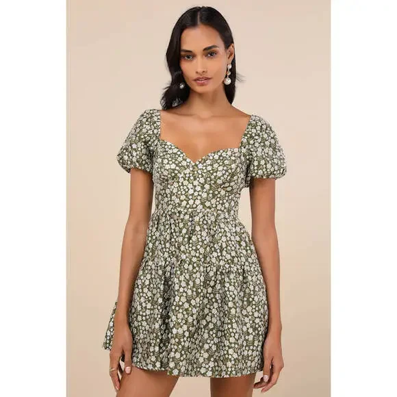 Lulus Confident Sweetheart Olive Floral Jacquard Tiered Mini Dress Green - Picture 1 of 7